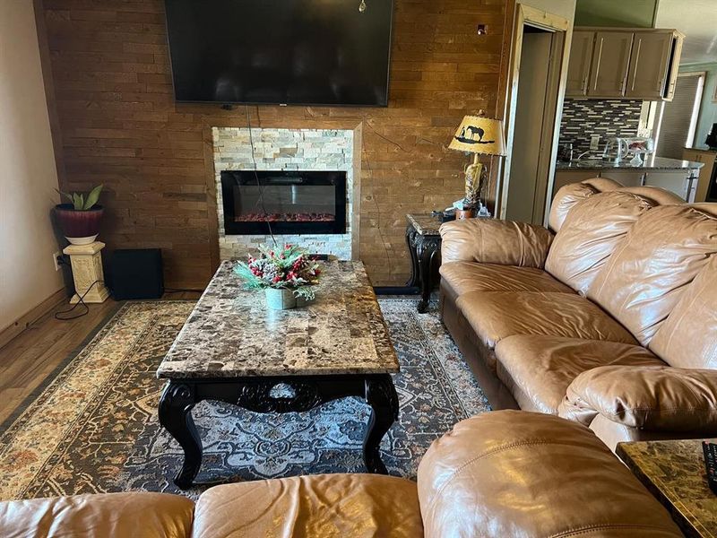 Living room with dark hardwood / wood-style flooring and a fireplace