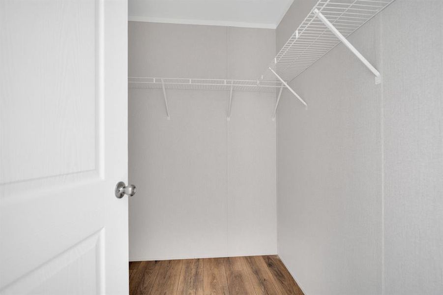 Walk-in closet featuring wood-finish flooring and integrated wire shelving