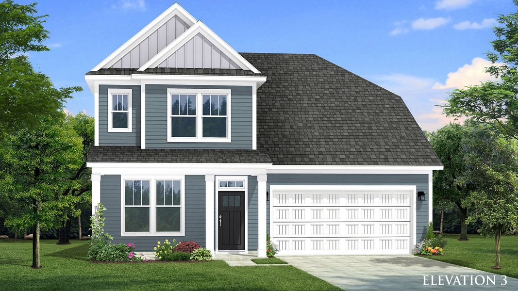 Two-story single family home with blue siding, a covered front porch and 2 car garage. Two-story single family home with blue siding, a covered front porch and 2 car garage.
