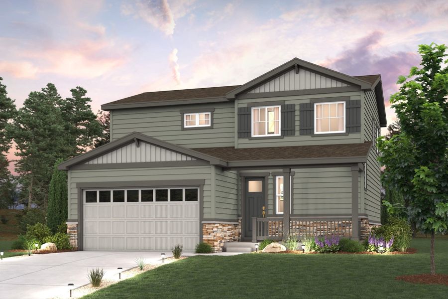 Front exterior of a new home in The Aurora Highlands, Aurora, CO, highlighting curb appeal (Image 1). Front exterior of a new home in The Aurora Highlands, Aurora, CO, highlighting curb appeal (Image 1).