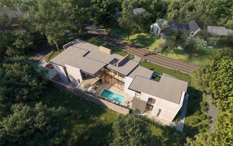 This stunning aerial rendering highlights the unparalleled overview of the entire home by putting the design in context.