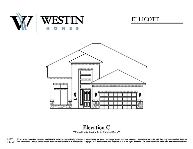 Westin Homes NEW Construction (Ellicott, Elevation C) CURRENTLY BEING BUILT. Two story. 4 bedrooms, 3.5 baths. Primary suite with large walk-in closet. Second bedroom on first floor with private bath. First floor study and informal dining adjacent to the island kitchen. Spacious game room and media room upstairs. Covered patio and attached 2 car garage.