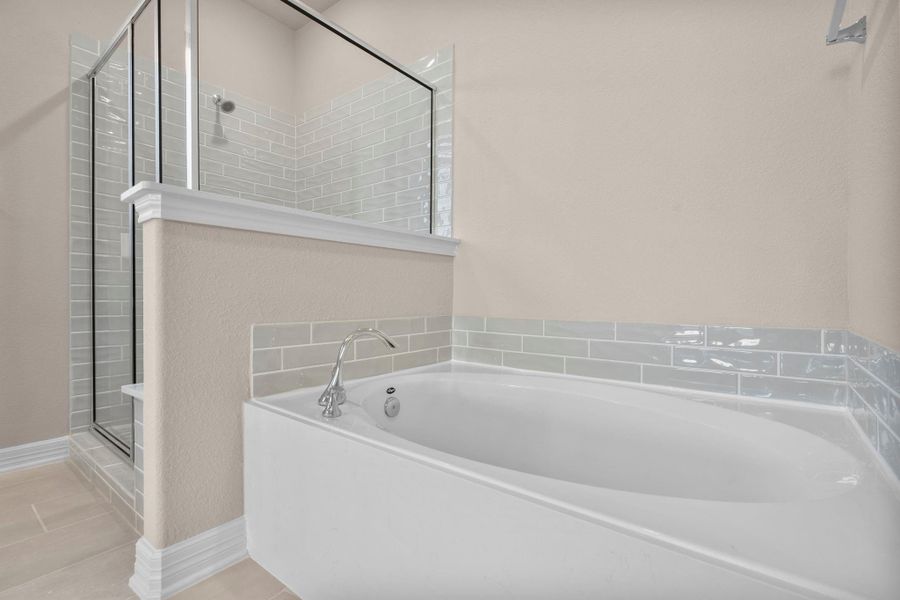 This additional view of your primary bathroom features tile flooring, fresh paint, walk-in shower, a separate garden tub, and a large walk-in closet. This additional view of your primary bathroom features tile flooring, fresh paint, walk-in shower, a separate garden tub, and a large walk-in closet.