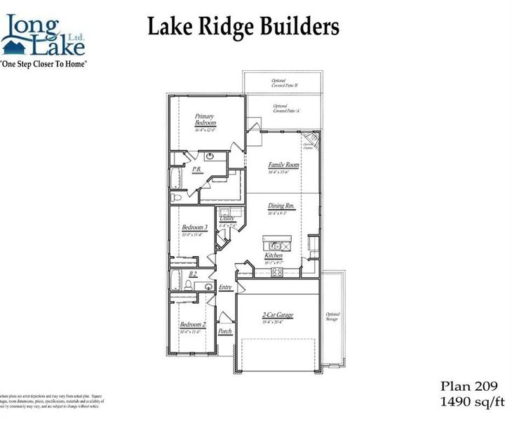 Plan 209 features 3 bedrooms, 2 full baths, covered patio, and over 1,400 sqft of living space.