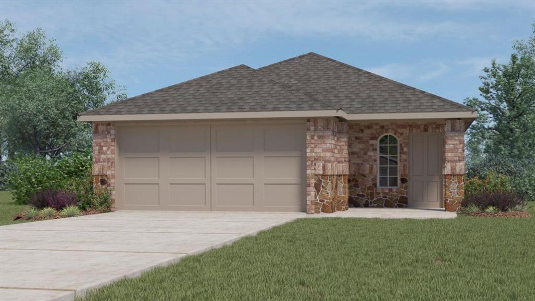 View of front of home featuring concrete driveway, a garage, a shingled roof, a front lawn, and brick siding View of front of home featuring concrete driveway, a garage, a shingled roof, a front lawn, and brick siding