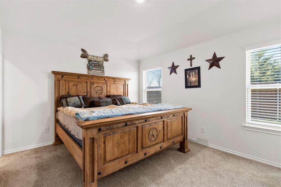 Bedroom with baseboards and light carpet Bedroom with baseboards and light carpet