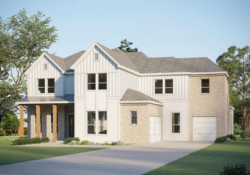 View of front of home featuring a front lawn, covered porch, and a garage