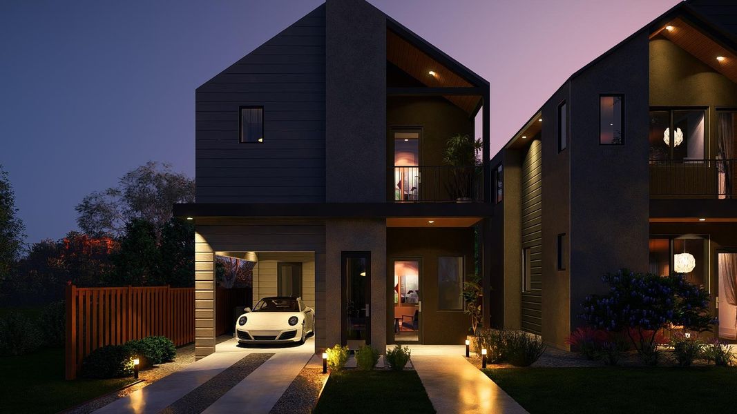 Contemporary facade with dark siding and stucco accents
