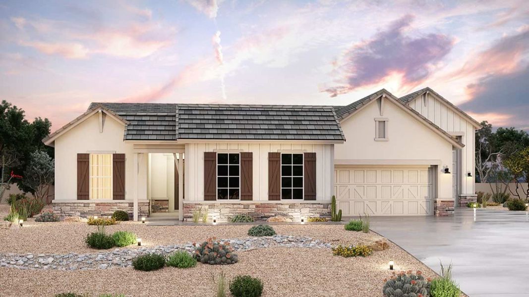 Representative exterior photo of a completed home built from the Almeria by Brightland Homes in Arroyo Seco - Palazzo, Buckeye, AZ (Image 5).