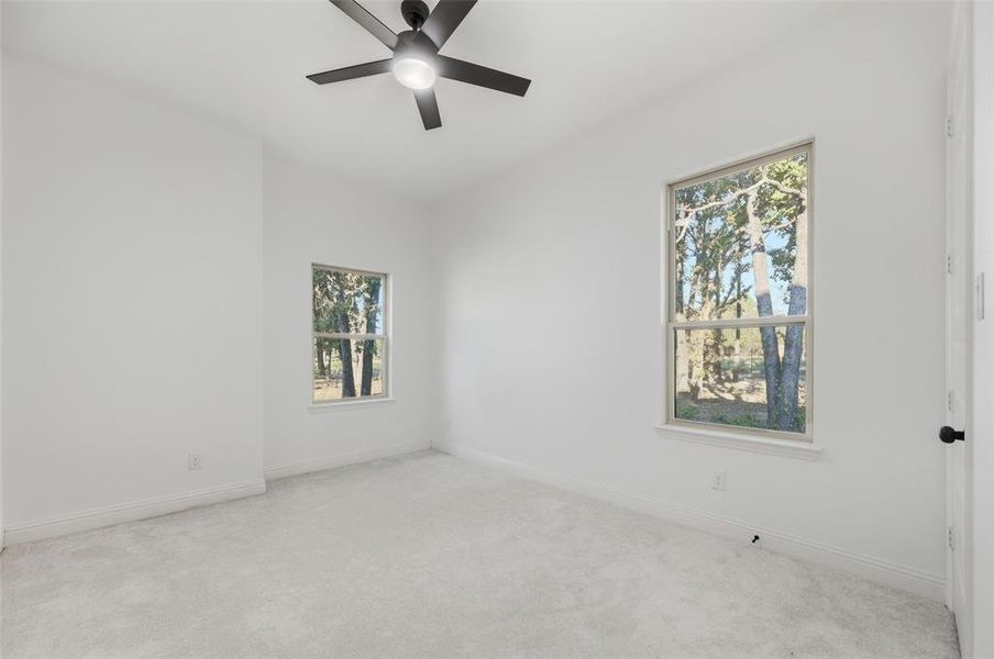 Spare room featuring carpet floors and ceiling fan