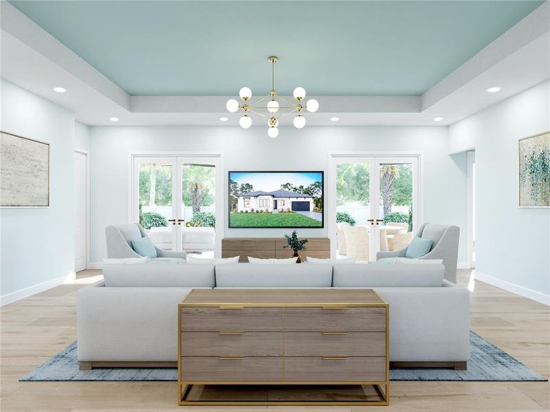 Luxury Living Room with Tray Ceiling Accent