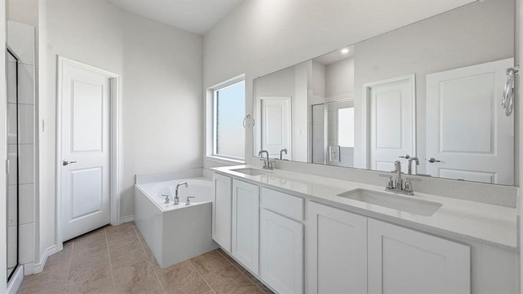 Bathroom featuring a shower stall, double vanity, and a garden tub Bathroom featuring a shower stall, double vanity, and a garden tub