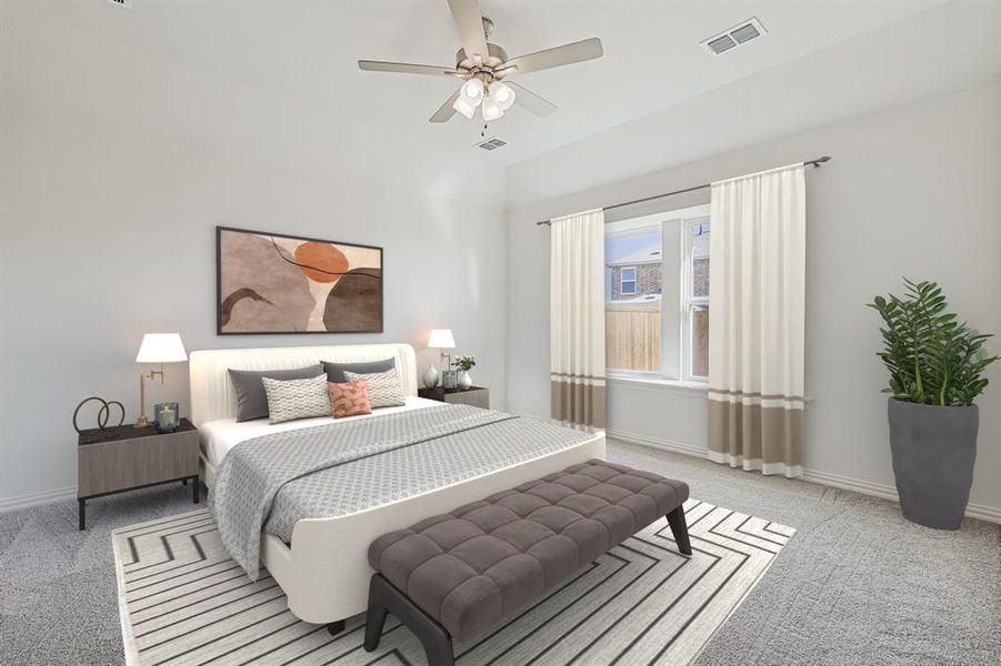 Bedroom with light carpet, baseboards, and a ceiling fan Bedroom with light carpet, baseboards, and a ceiling fan