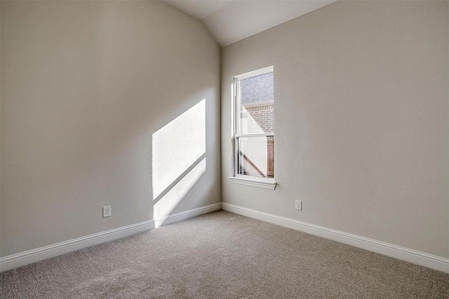 Empty room featuring carpet and vaulted ceiling