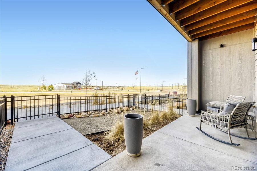 Exterior details and patio area of a home in Lyric at RidgeGate, Parker (Image 4).