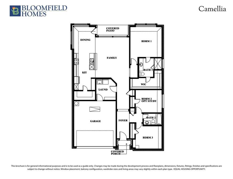 Bloomfield Homes Camellia floor plan with three bedrooms, two bathrooms, family room, kitchen, laundry, garage, and covered patio. Bloomfield Homes Camellia floor plan with three bedrooms, two bathrooms, family room, kitchen, laundry, garage, and covered patio.