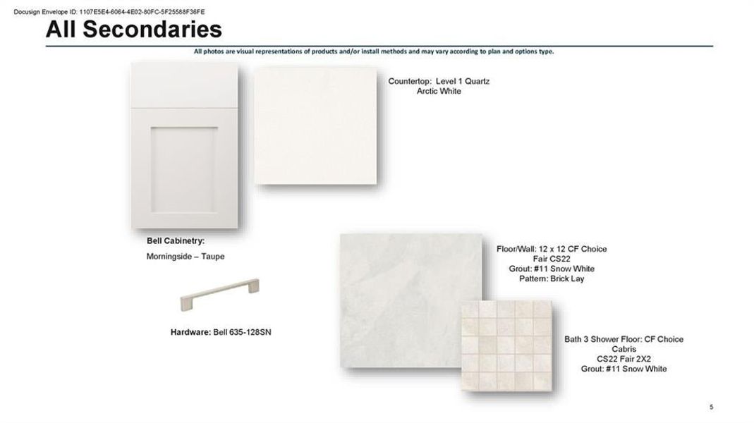 Primary bathroom design selections, Riverstone cabinets with pull handles, quartz countertop, shower tile and floor tile.