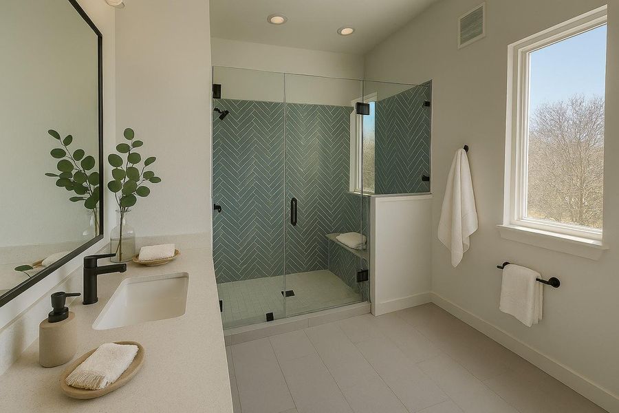 This bathroom features a modern design with a glass-enclosed shower showcasing a herringbone tile pattern. It includes a sleek vanity with a black faucet, a large mirror, and ample natural light from a window. The space is accented with minimalist decor for a clean, elegant look.