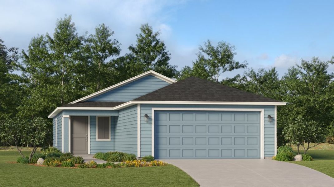 Exterior with a Dutch-gable roof, covered entryway and horizontal lap siding