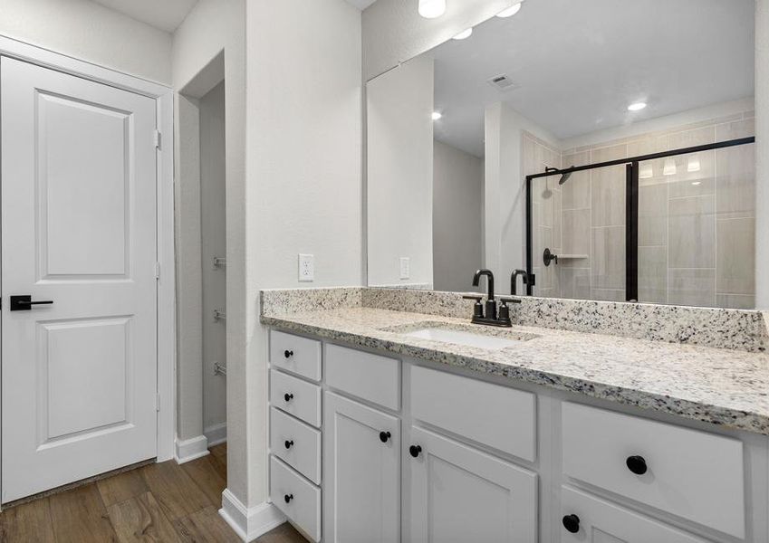 The master bath has a stunning vanity.