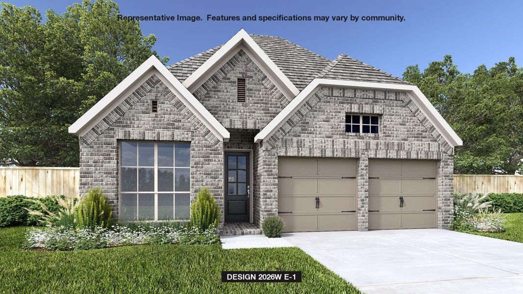 View of front of property with a front yard, fence, concrete driveway, and brick siding