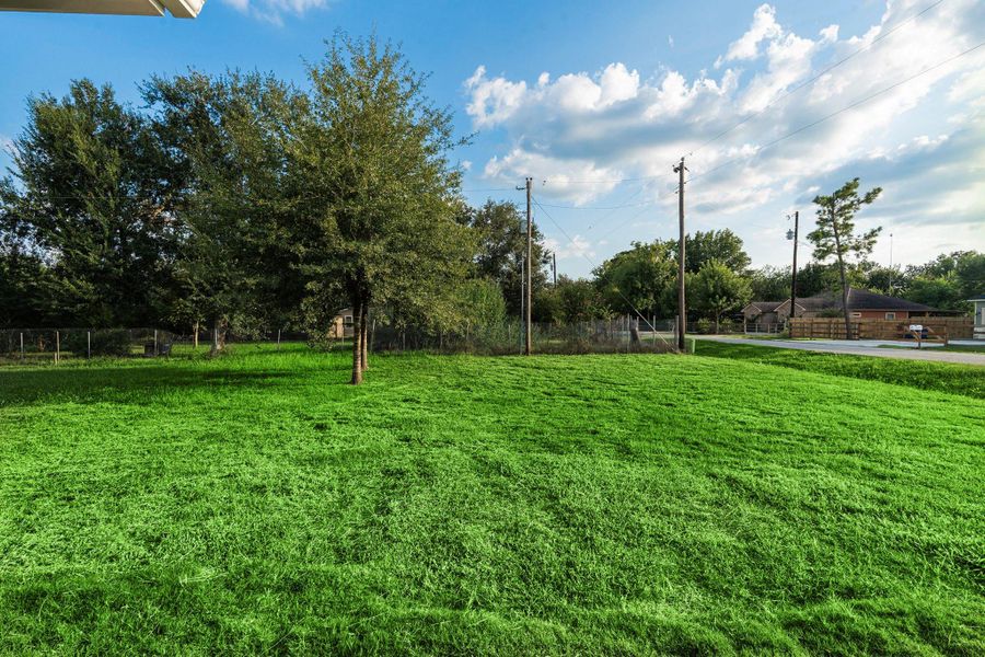 This photo showcases a spacious, lush green backyard with mature trees. It offers a serene setting, bordered by a chain-link fence, and has a view of the surrounding residential area under a clear blue sky. Perfect for outdoor activities and relaxation. This photo showcases a spacious, lush green backyard with mature trees. It offers a serene setting, bordered by a chain-link fence, and has a view of the surrounding residential area under a clear blue sky. Perfect for outdoor activities and relaxation.