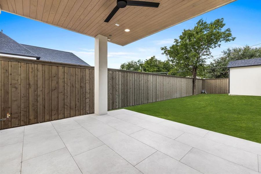 View of patio with ceiling fan