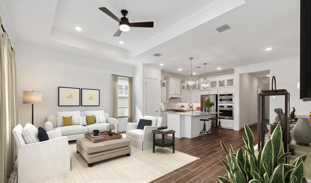 Great room with tray ceiling and luxurious flooring Great room with tray ceiling and luxurious flooring