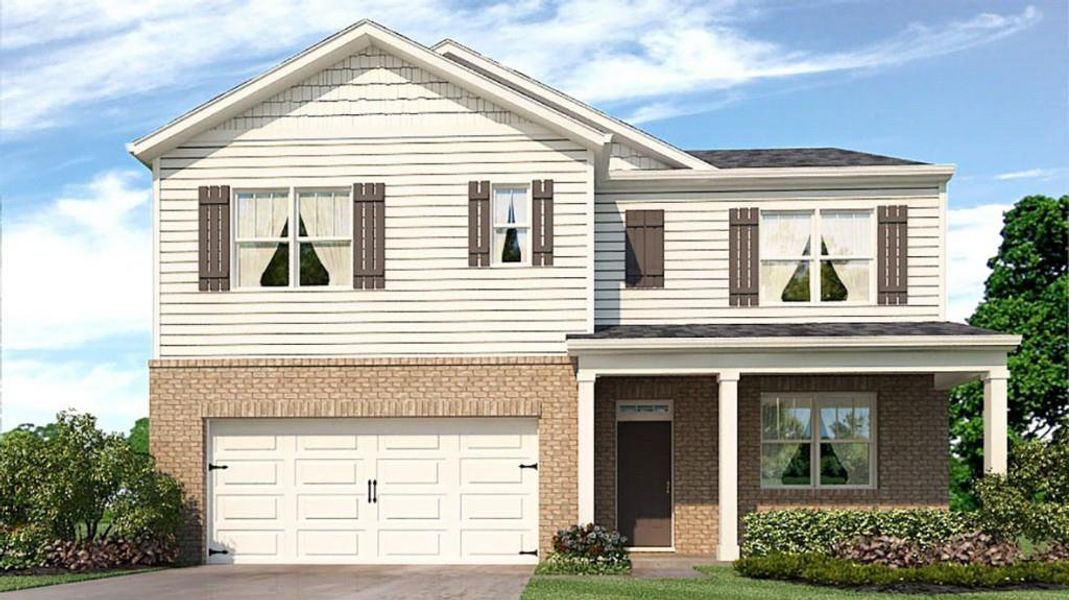 Front exterior of a new home in Oaks at Cedar Grove, Fairburn, GA, highlighting curb appeal (Image 1). Front exterior of a new home in Oaks at Cedar Grove, Fairburn, GA, highlighting curb appeal (Image 1).