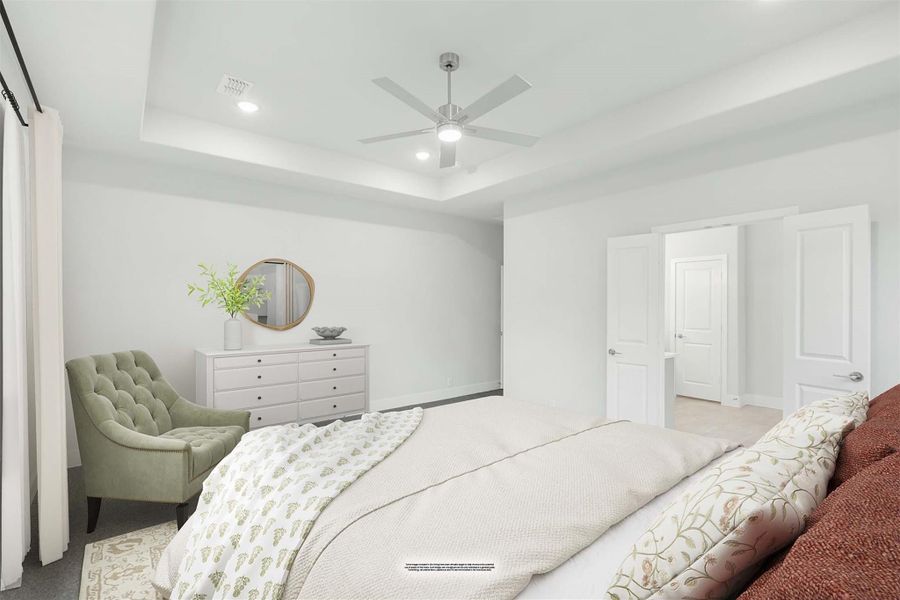 Bedroom with tray ceiling, ceiling fan, white dresser, and green accent chair