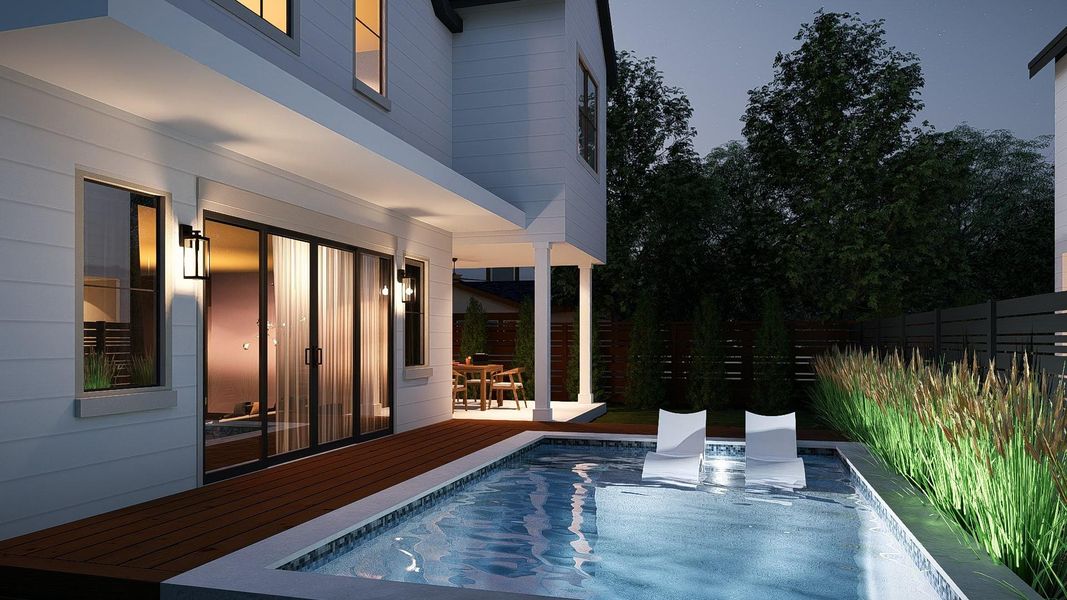 An inviting backyard oasis features a shimmering pool, surrounded by a wood deck and mature landscaping. An inviting backyard oasis features a shimmering pool, surrounded by a wood deck and mature landscaping.
