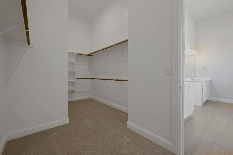 Walk in closet featuring light carpet