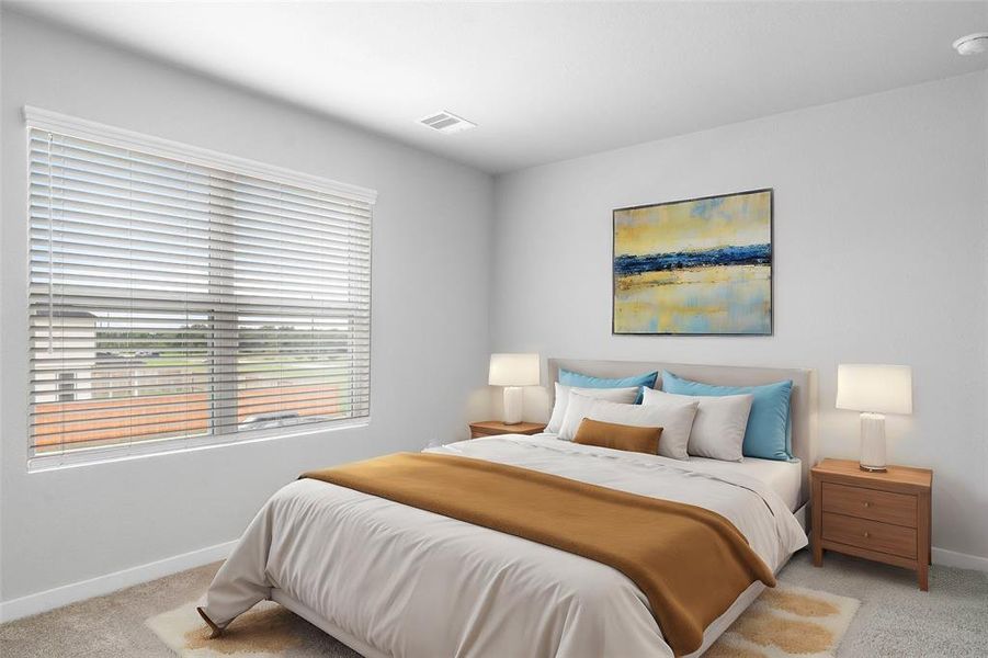 Secondary bedroom features plush carpet, custom paint, lighting, and large window with privacy blinds.