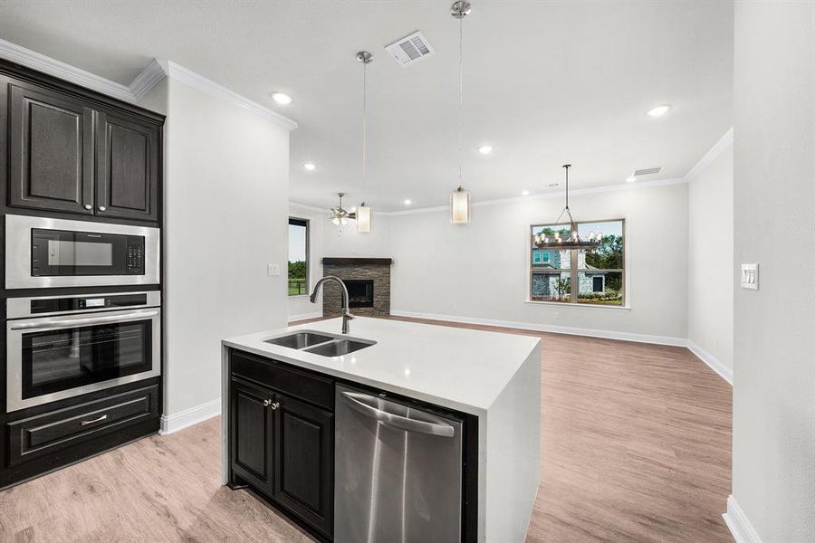 Kitchen featuring ornamental molding, stainless steel appliances, a fireplace, open floor plan, and light wood-style flooring Kitchen featuring ornamental molding, stainless steel appliances, a fireplace, open floor plan, and light wood-style flooring