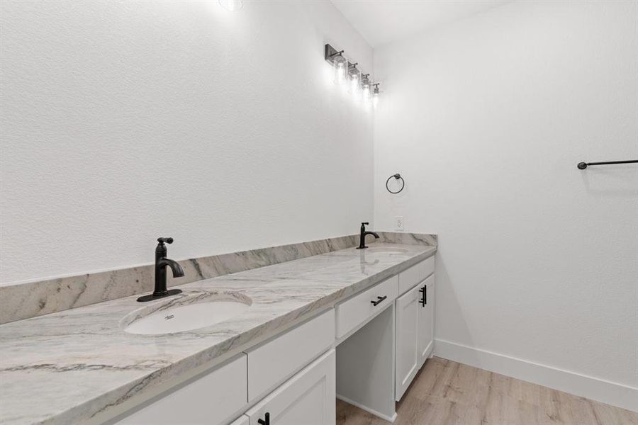 Bathroom with wood-type flooring and vanity