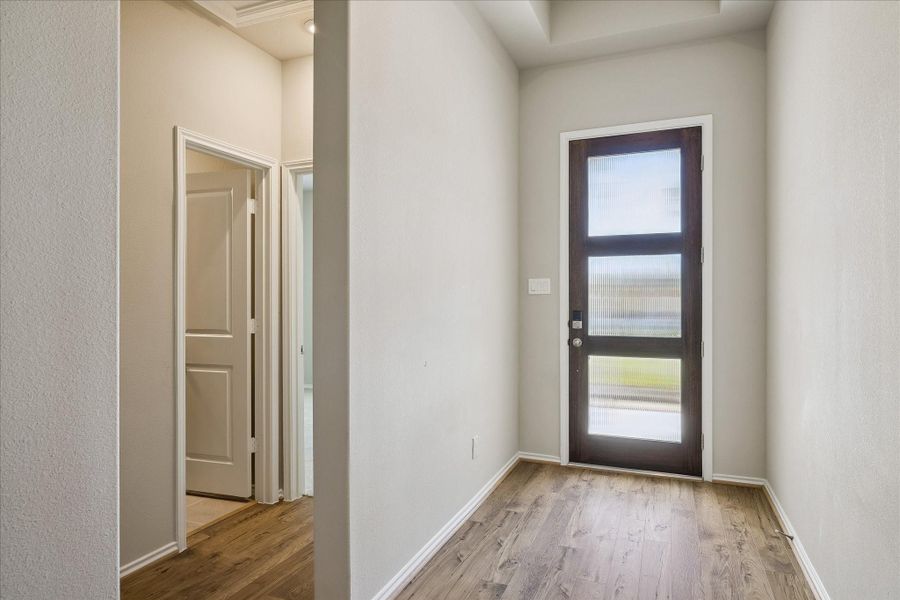 The entry way has 19 feet high tray ceilings and is wide enough to allow you to decorate with benches, artwork or tables.