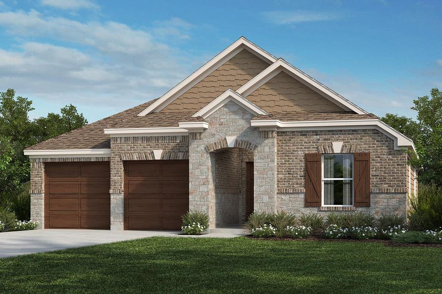 Front exterior of a new home in Salerno - Classic Collection, Round Rock, TX, highlighting curb appeal (Image 1). Front exterior of a new home in Salerno - Classic Collection, Round Rock, TX, highlighting curb appeal (Image 1).