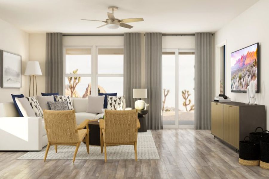 A living room with a large window.