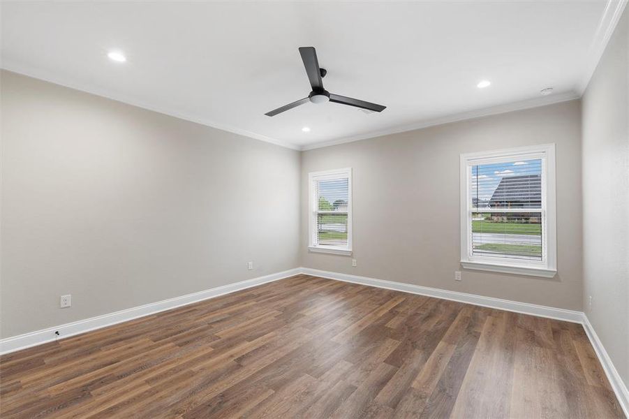 Unfurnished room featuring ceiling fan, dark wood-style floors, plenty of natural light, and ornamental molding