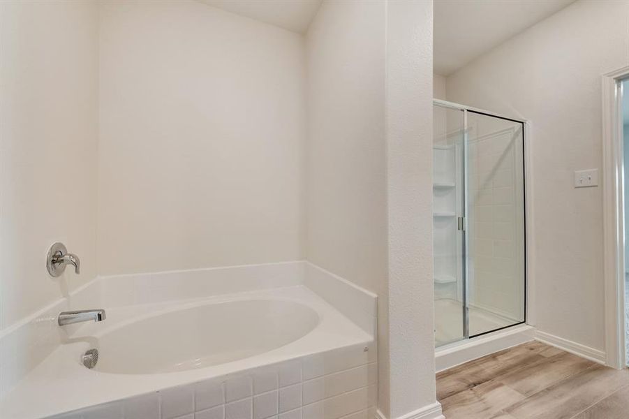 Bathroom featuring shower with separate bathtub and hardwood / wood-style flooring