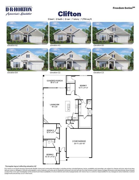 2D floor plan layout for the Clifton by D.R. Horton in The Villas at Kinsley, Jamestown, NC (Image 3).