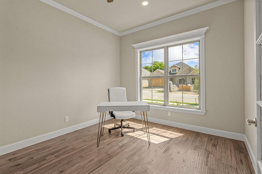 Office area with ornamental molding and wood-type flooring