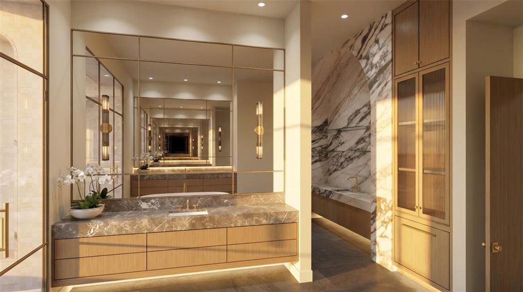Spacious vanity area featuring a large framed mirror, marble countertop, and integrated sink Spacious vanity area featuring a large framed mirror, marble countertop, and integrated sink