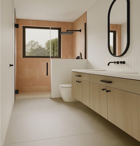 Full bathroom with vanity, a shower, and tile patterned floors Full bathroom with vanity, a shower, and tile patterned floors