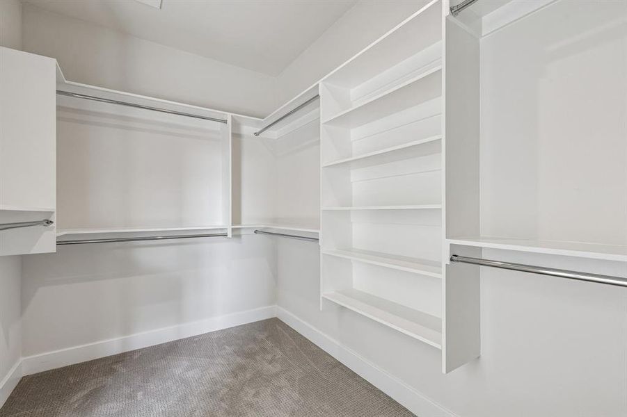 Primary walk in closet featuring light colored carpet