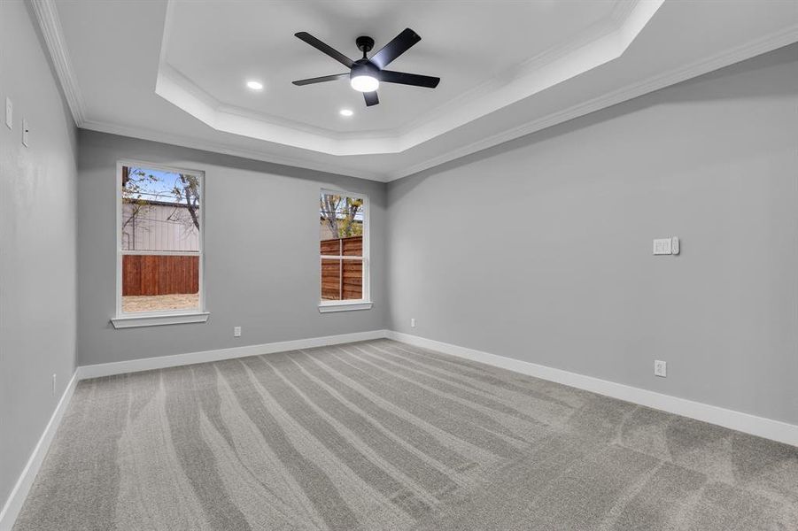 Spare room featuring carpet, a tray ceiling, ceiling fan, and ornamental molding