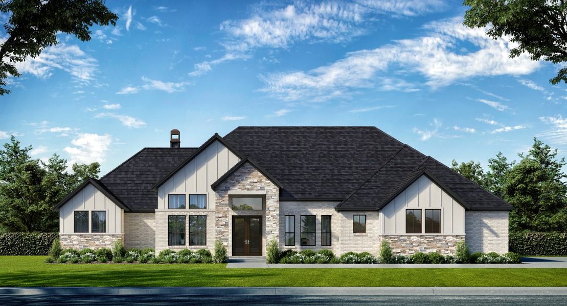 Representative exterior photo of a completed home built from the Blue Farmhouse II by Jamestown Estate Homes in Lakeview, Waller, TX (Image 1). Representative exterior photo of a completed home built from the Blue Farmhouse II by Jamestown Estate Homes in Lakeview, Waller, TX (Image 1).