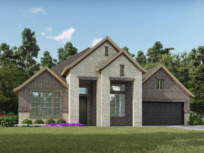 Front exterior of a new home in Massey Oaks - Estate Series, Pearland, TX, highlighting curb appeal (Image 1). Front exterior of a new home in Massey Oaks - Estate Series, Pearland, TX, highlighting curb appeal (Image 1).