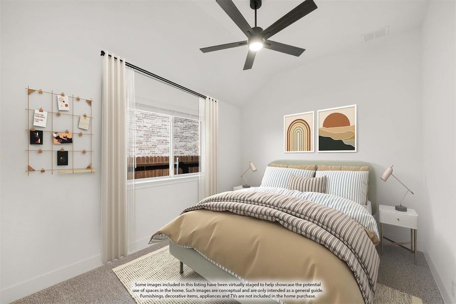 Bedroom with ceiling fan, carpeted floor, and large window with sheer curtains Bedroom with ceiling fan, carpeted floor, and large window with sheer curtains