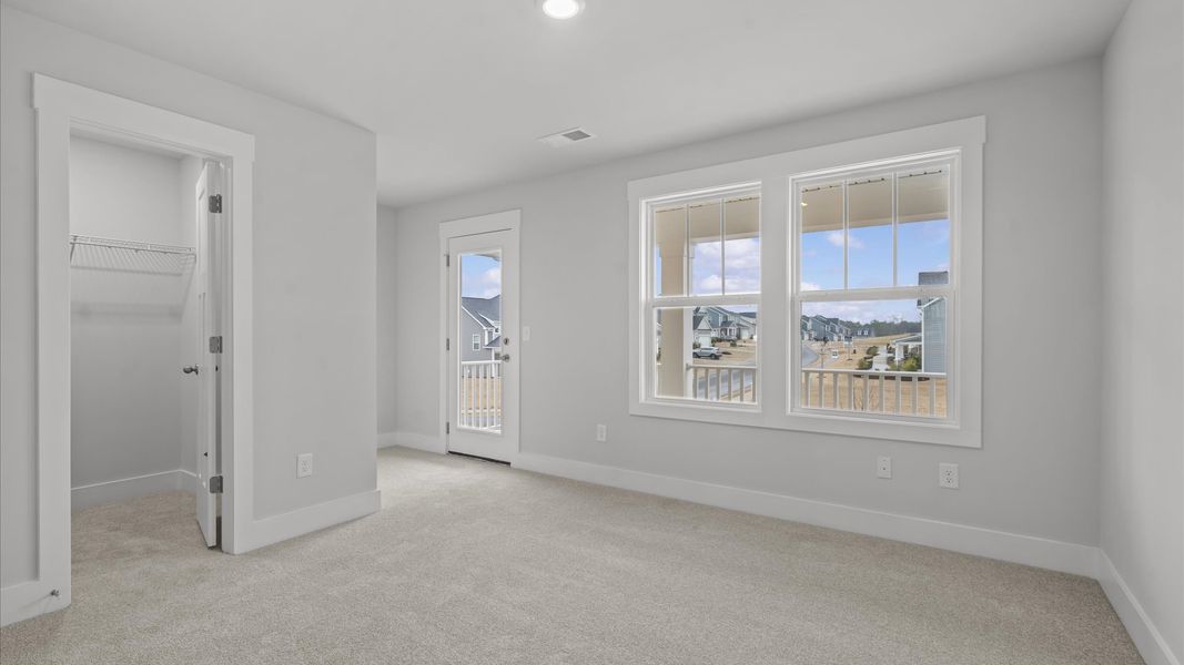 Tasteful bedroom with plush carpet, a walk-in closet, and large windows for abundant natural light